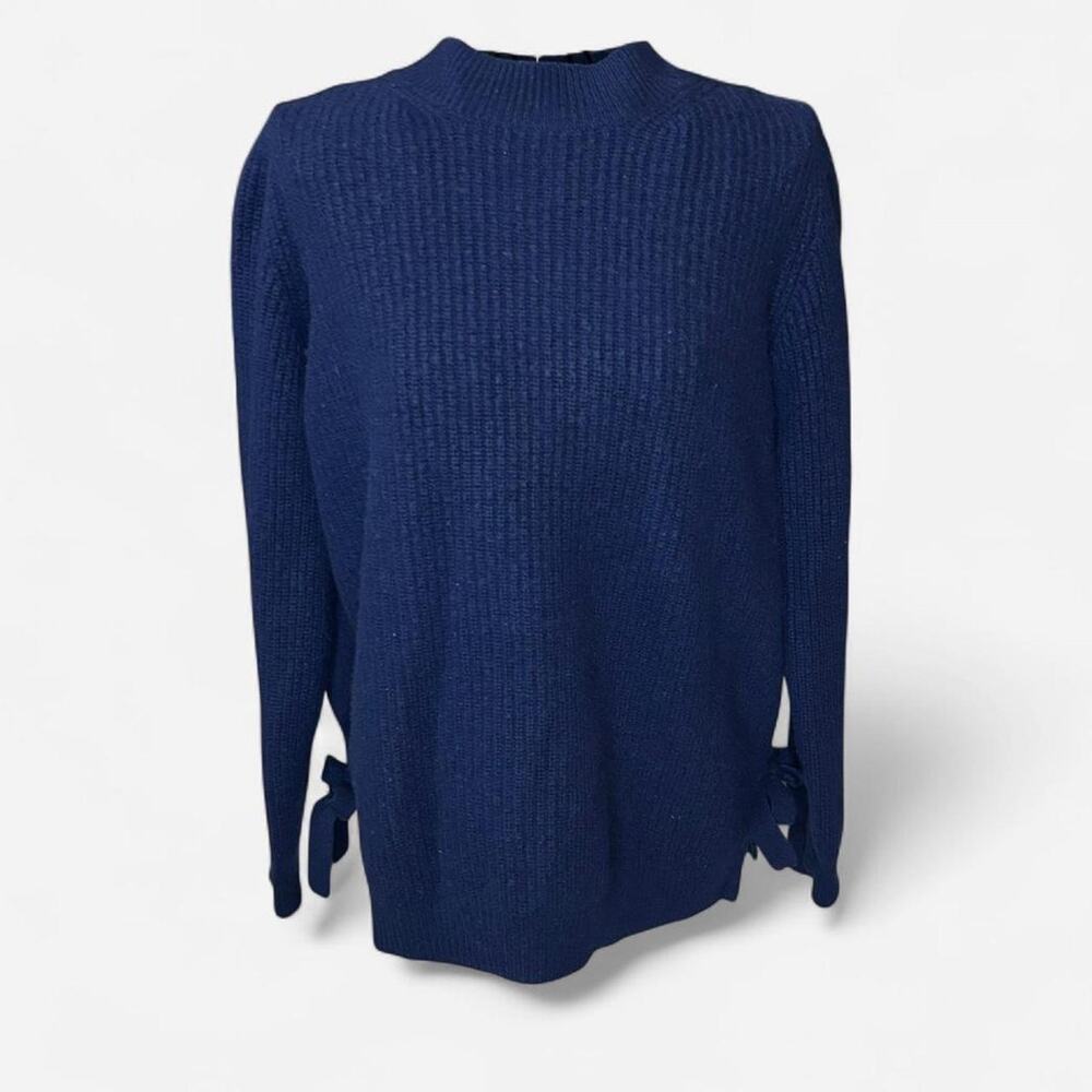 J. McLaughlin Wool Cashmere Ribbed Mock Neck Side Tie Bow Sweater Navy Large L